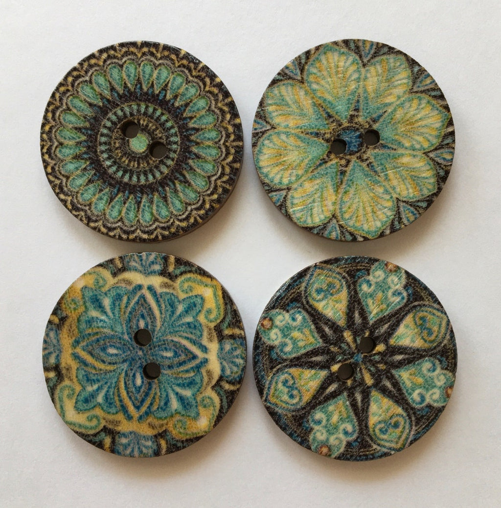 Patterned Wooden 25mm Buttons, Blue Boho Sewing Supplies