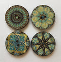 Patterned Wooden 25mm Buttons, Blue Boho Sewing Supplies