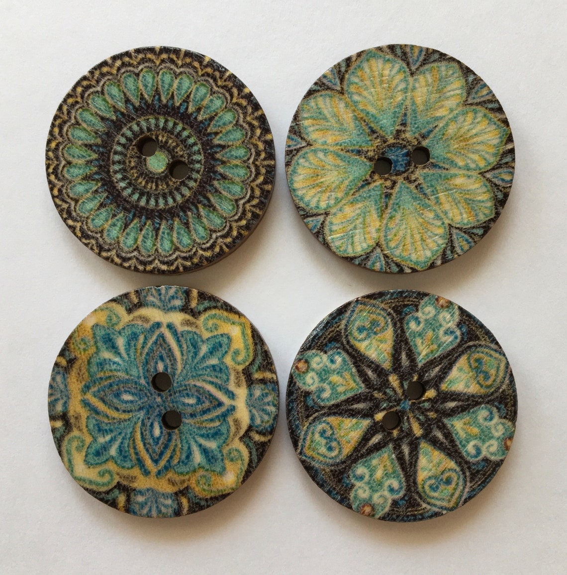 Patterned Wooden 25mm Buttons, Blue Boho Sewing Supplies