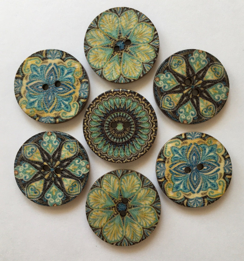 Patterned Wooden 25mm Buttons, Blue Boho Sewing Supplies