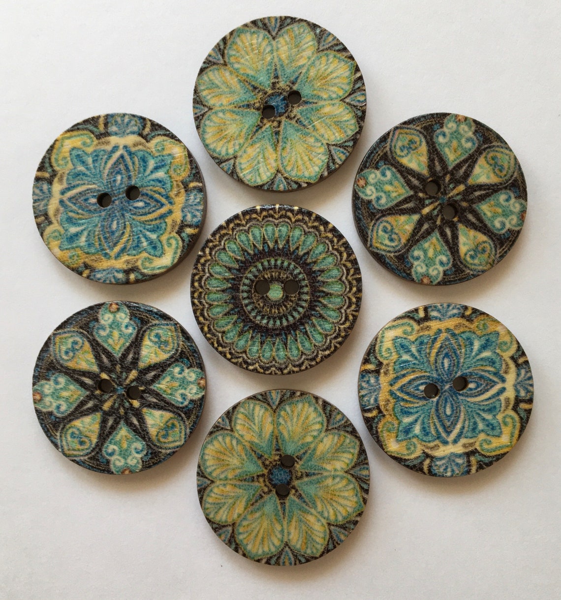 Patterned Wooden 25mm Buttons, Blue Boho Sewing Supplies